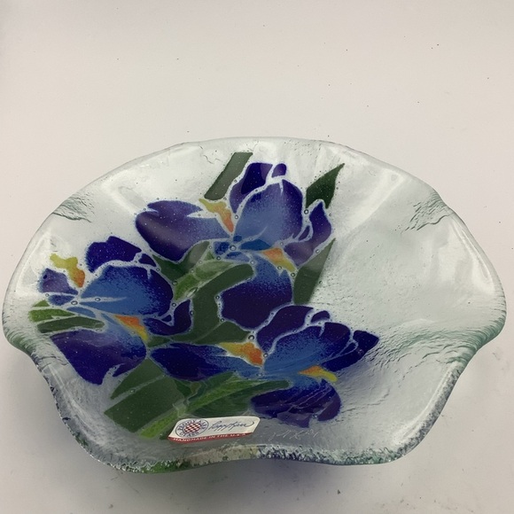 Peggy Karr Hand Fused Glass Bowl Featuring Blue Irises - Picture 8 of 13